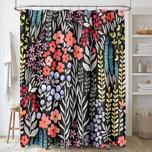 Colorful Floral Shower Curtain, Cute Boho Flower Fabric, Funky Watercolor Wildflower Shower Curtain Set, Cottagecore Bohemian Bathroom Decor, Black, 72x72