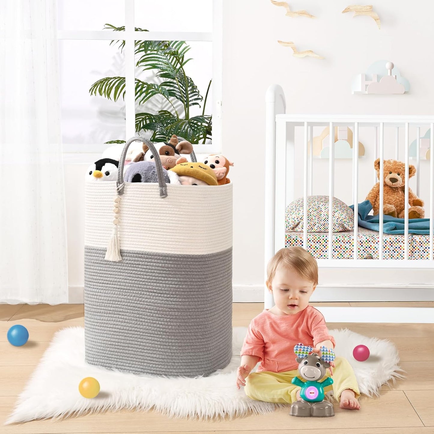 Woven Laundry Basket for Clothes, 50L Large Rectangle Laundry Hampers with Beads Tassel, Nursery Storage Basket for Toys, Tall Dirty Clothes Hamper for Bedroom Aesthetic, Laundry Room Organization