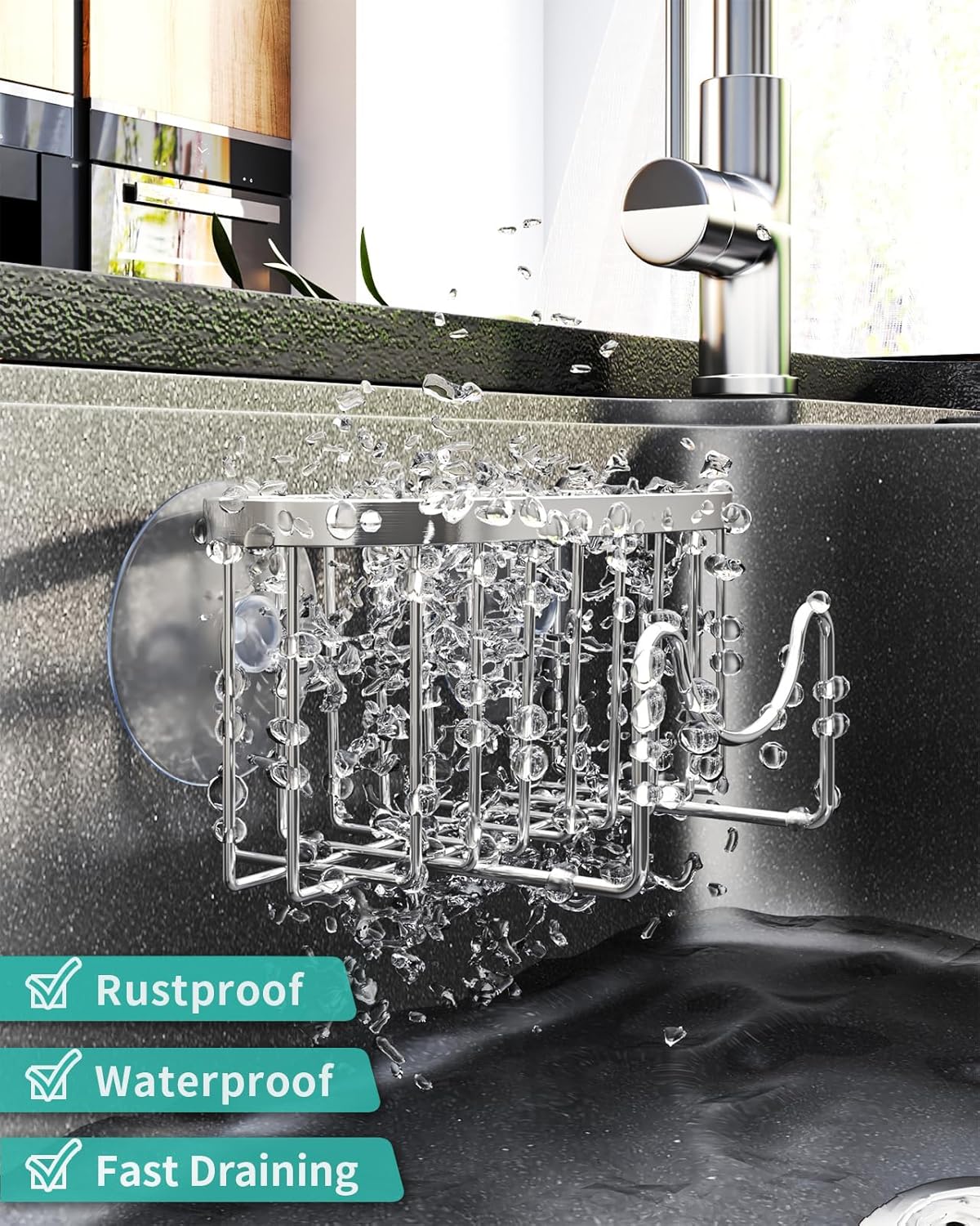 HapiRm Multifunctional Adhesive Kitchen Sink Organizer with M-Shaped, 2 Installation Methods Kitchen Sponge Holder, Rustproof Sponge Caddy for Brush, Sink Stopper and Scraper -Silver