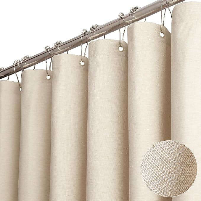 BTTN Stall Fabric Shower Curtain - 48x72 Inch Narrow Linen Textured Heavy Duty Shower Curtain Set with 8 Plastic Hooks, Hotel Spa Luxury Small Waterproof Bath Curtains for Bathroom - Cream/Beige
