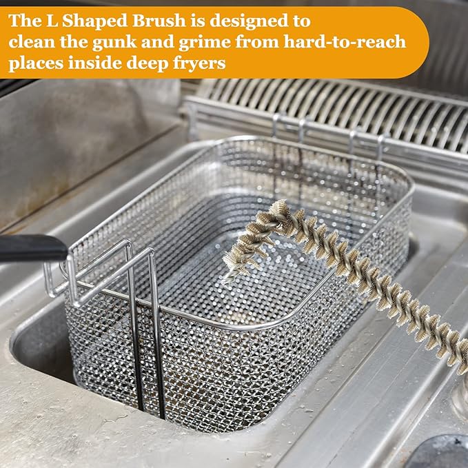 Yaomiao 2 Pcs L Shaped Fryer Cleaning Brush 23 Inch High Temperature Deep Fryer Coil Cleaner L Tipped Coil Brush, Long Handle, Metal Bristles for Grill BBQ Cleaning Accessories