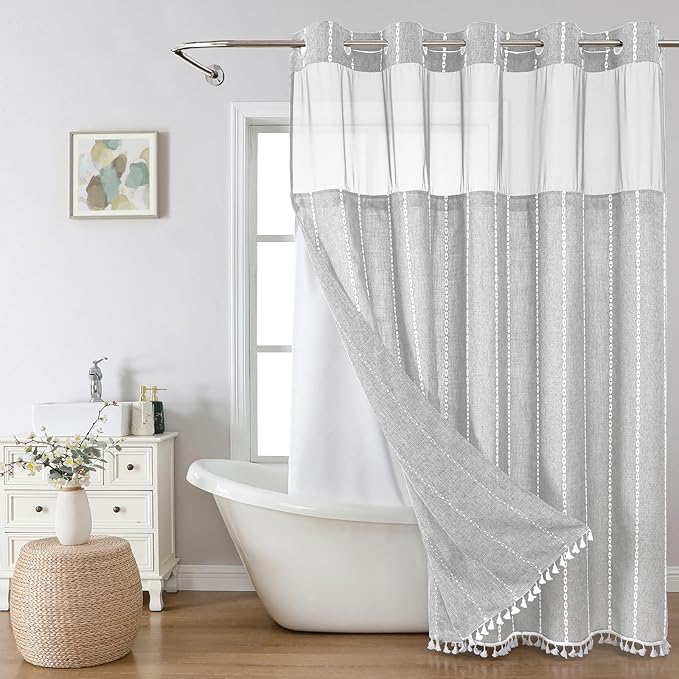 Grey Farmhouse No Hook Shower Curtain Set with Snap-in Fabric Liner,Boho Heavy-Duty Linen Textured Rustic Striped Design,Water-Repellent with Tassels and Sheer Window,Gray,71x74