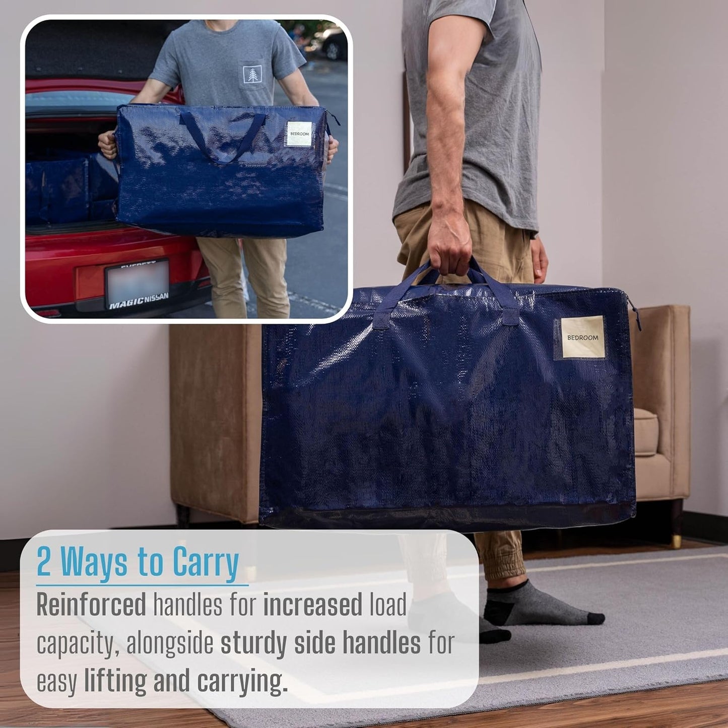 VENO 4 Pack Moving and Storage Bags, Heavy Duty, Alternative to Moving Boxes, Large Packing Totes Supplies for College Dorm Room with Zipper for Clothes, Wide Open Design (Blue, 4 Pack)