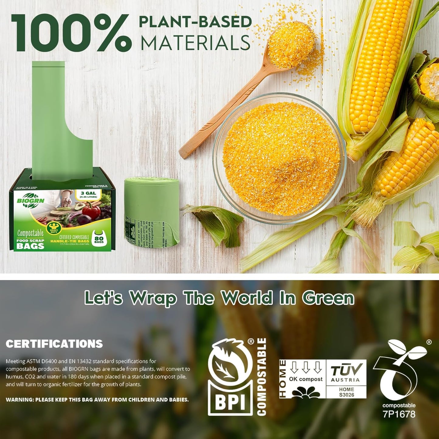 2.6-3 Gallon Compostable Trash Bags with Handles 80 Count 0.67 Mil 11.36 L Small Kitchen Wet Food Scrap Waste Compost Bag for Countertop Bin ASTM D6400 US BPI and OK Compost Home Certified