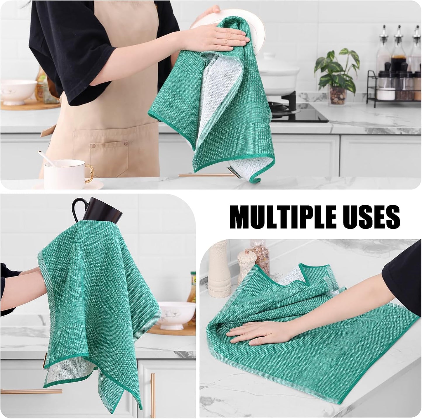 Homaxy Premium Kitchen Towels(18”x 28”, 6 Pack), Large Cotton Kitchen Hand Towels, Flat and Terry Dish Towels, 380 GSM Highly Absorbent Tea Towel Set with Hanging Loop, Green