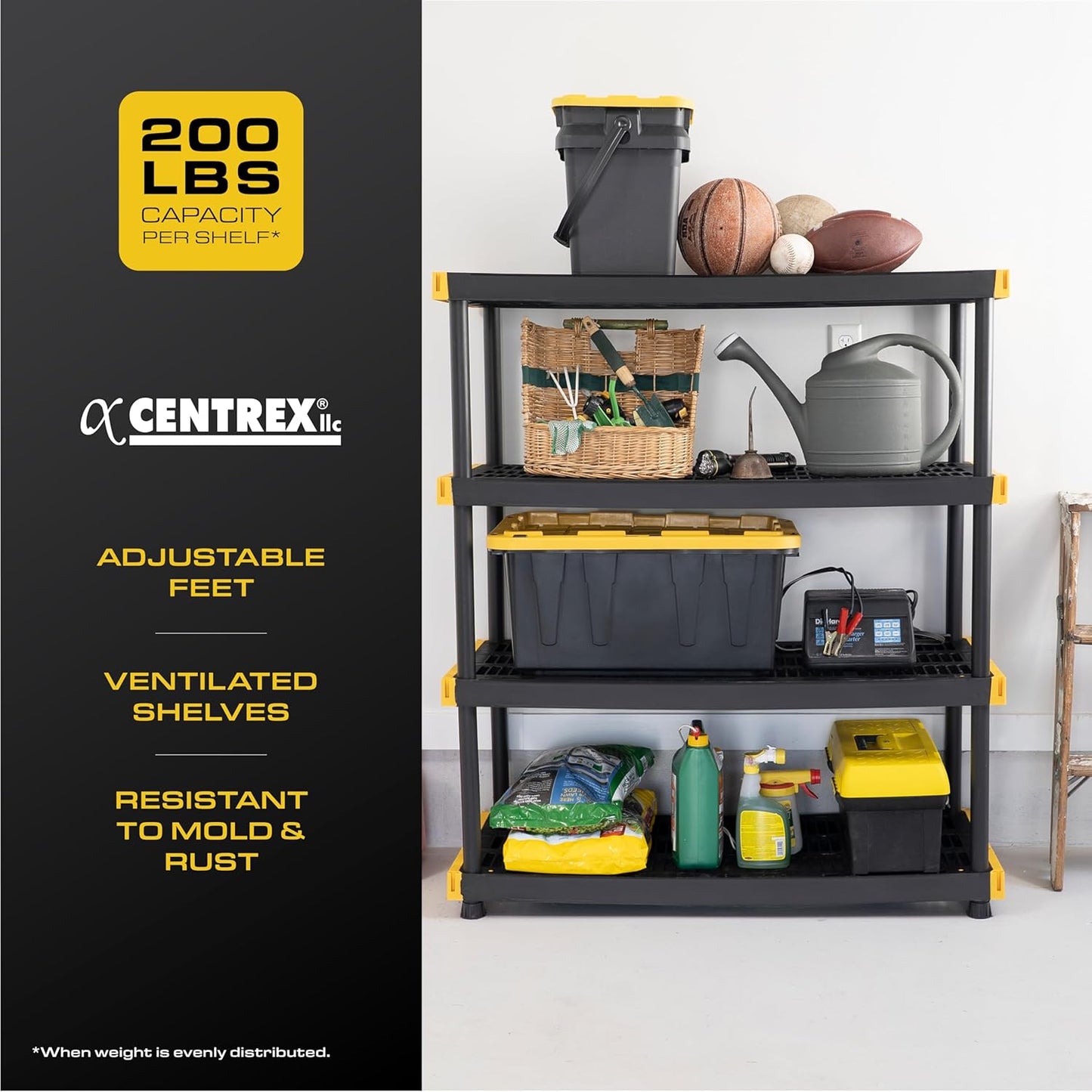 BLACK & YELLOW, 4-Tier Heavy Duty Plastic Storage Shelving Unit, 200lbs/shelf (55"H x 48"W x 20"D), for Indoor/Outdoor Organization, Modular Rack