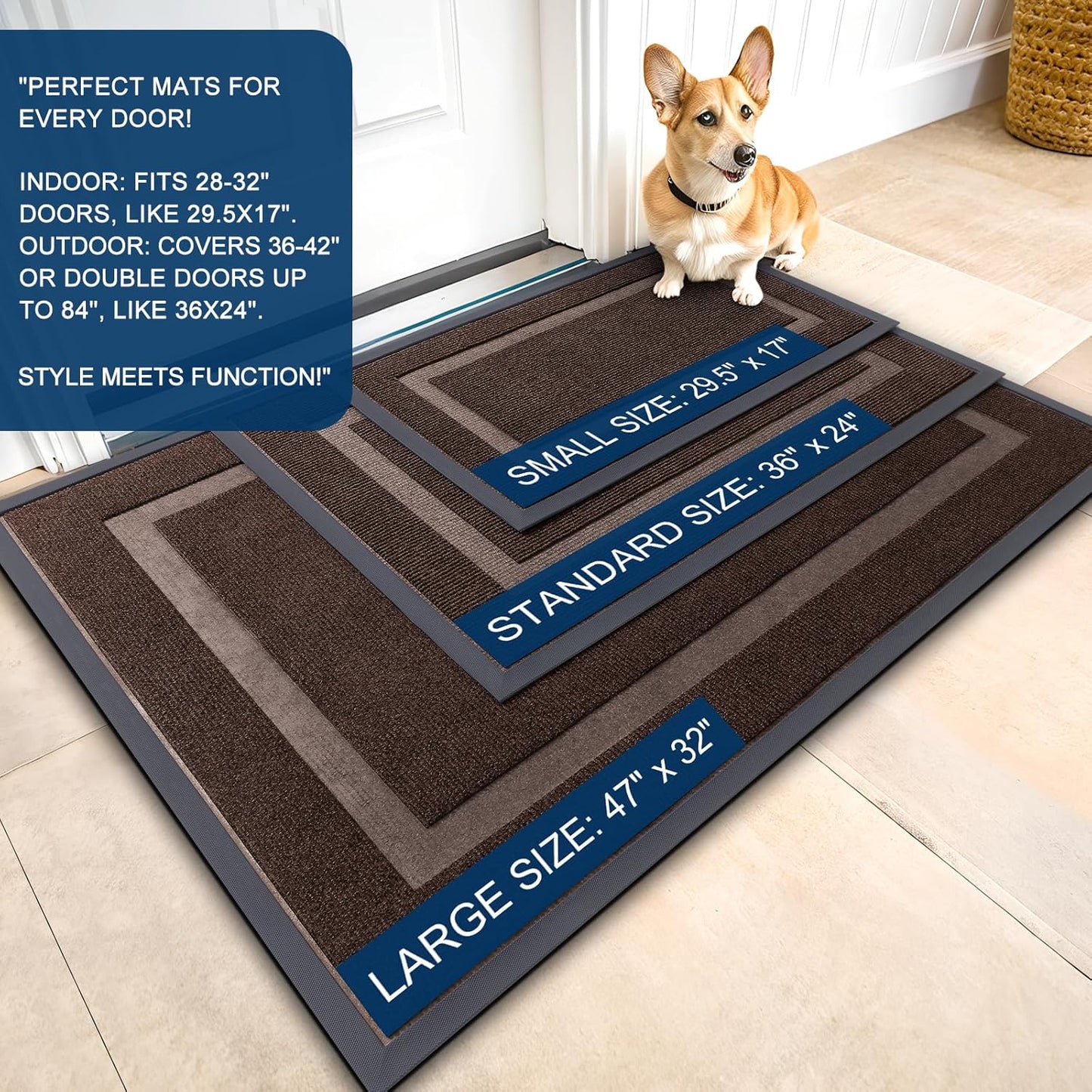 OLANLY Front Door Mat Indoor Outdoor Entrance, Waterproof All-Season, All-Weather Doormat, Sturdy Natural Rubber, Fade Resistant, Low Profile, Easy Clean Patio Porch Entryway Mat, 35x23, Dark Brown