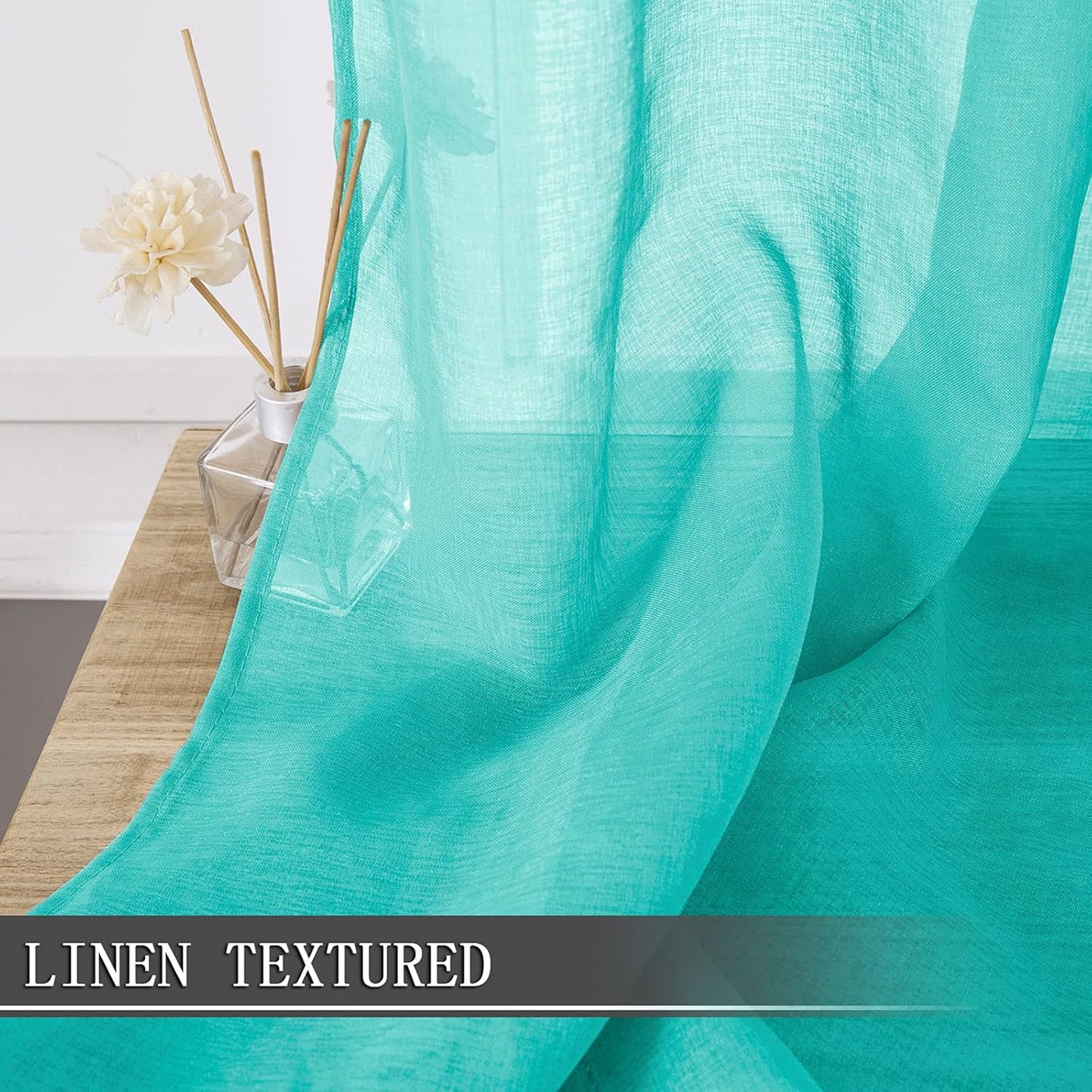 Tollpiz Short Sheer Tier Curtains Linen Textured Half Kitchen Curtain Sheers Light Filtering Rod Pocket Voile Small Curtain for Bathroom, 25 x 24 inches Long, Aqua Blue, Set of 2 Panels