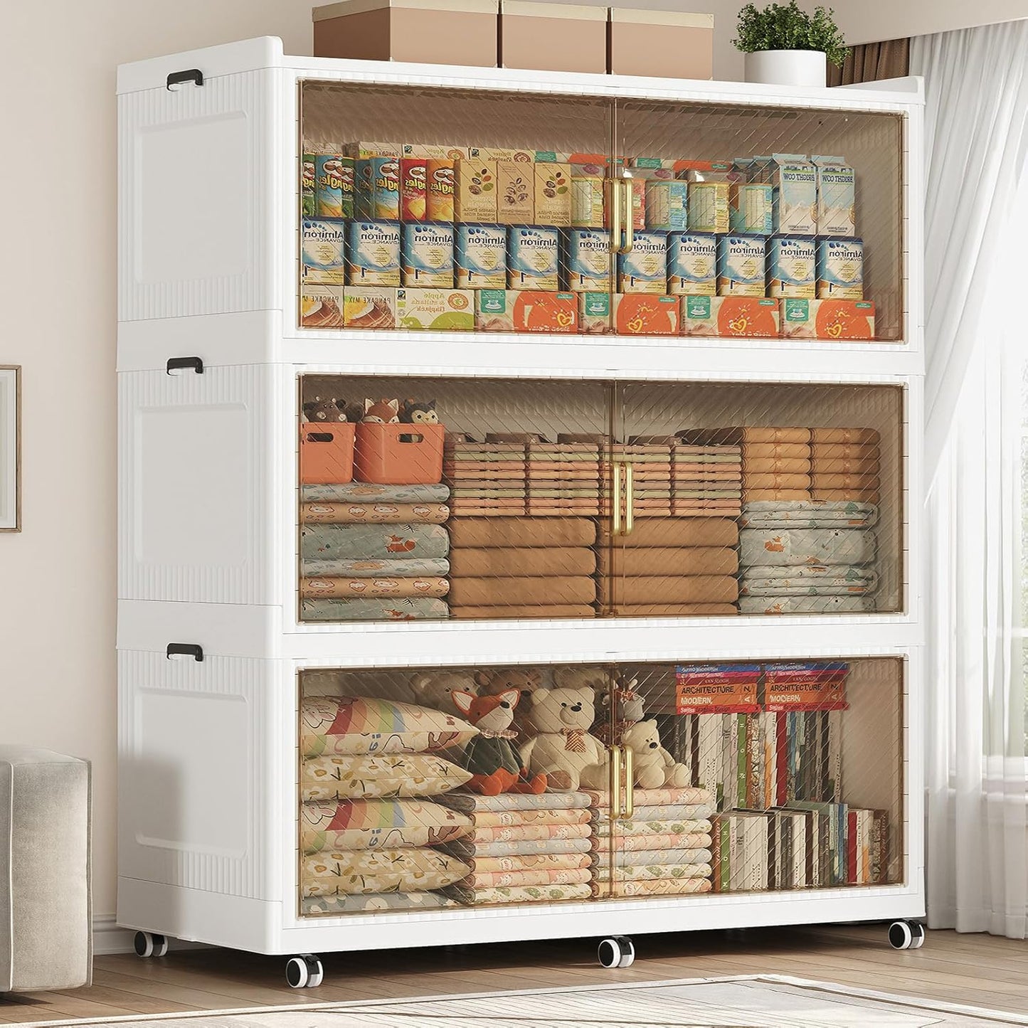 240GAL Extra Large Storage Bins with Lid, 960QT Collapsible Organizer with Wheels, Stackable Closet Cabinet with Doors, Folding Storage Containers for Home, Office, Dorm, 3Pack White