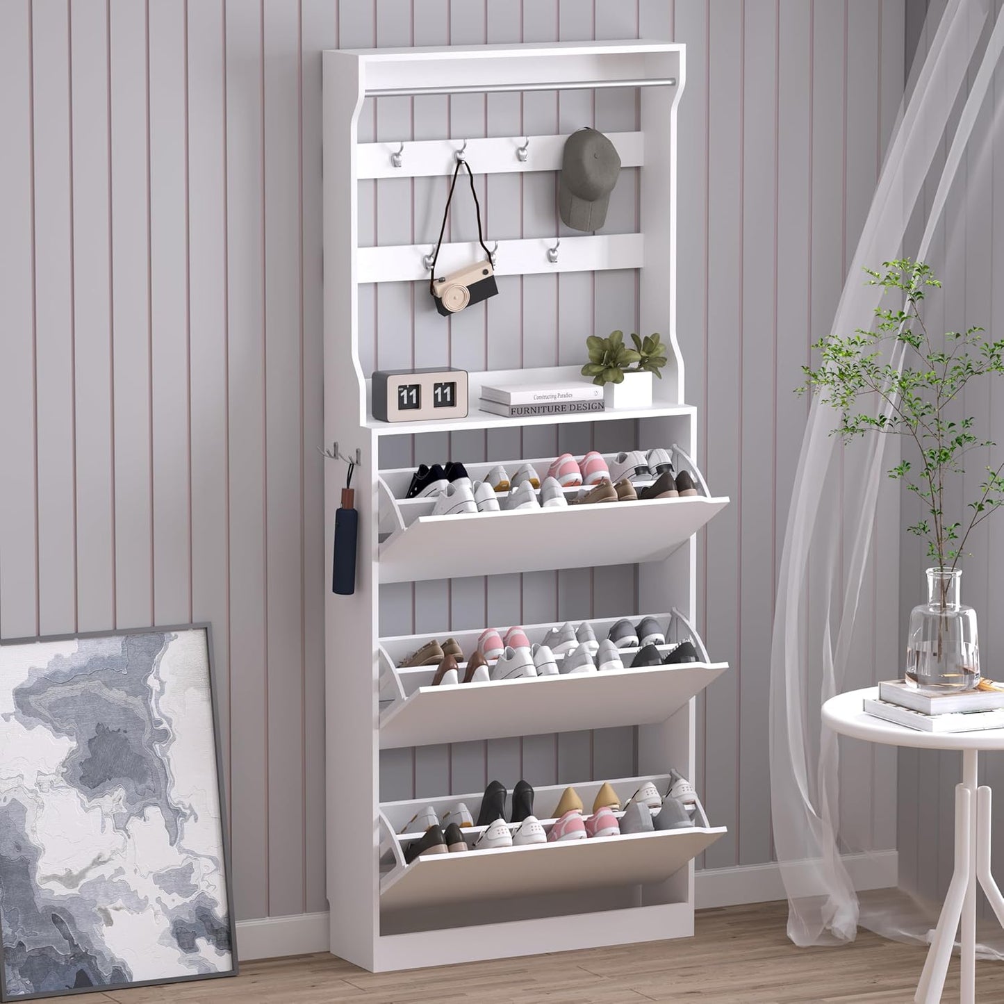 Shoe Cabinet with 3 Flip Drawers & Coat Rack, Narrow Hidden Shoe Storage Cabinet, 2-in-1 Hall Tree Slim Freestanding Shoe Rack Organizer for Entryway, Hallway, and Living Room