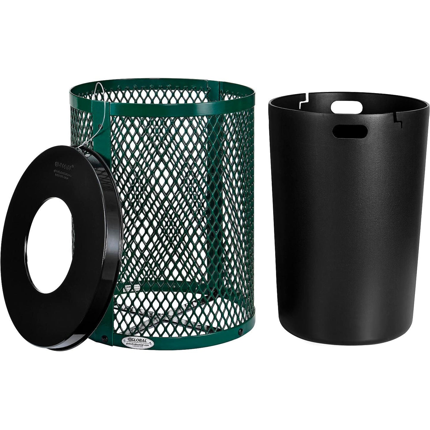 Global Industrial Outdoor Diamond Steel Trash Can with Flat Lid and Plastic Liner, 36 Gallon Capacity, Green, Thermoplastic Coating, 23-1/2" Diameter, 30" H