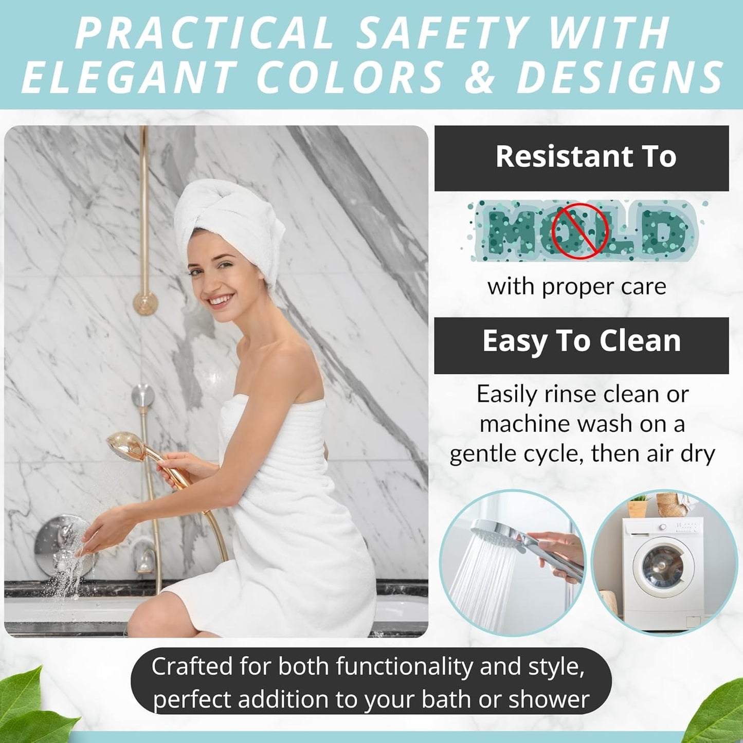 ENKOSI Bath Mat – 40 x 16 Inch Non-Slip Shower Mat for Bath Tub & Shower with Strong Suction Cups – Anti Slip Large Bathtub Mat with Drain Holes – for Smooth Floors Only (40x16 White)