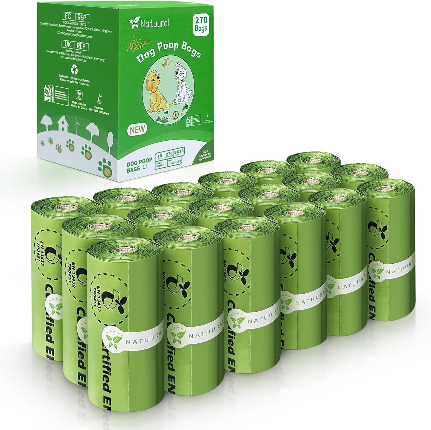 Certified Compostable Dog Poop Bags-270Bags 18Rolls, Poop Bags for Dogs Made of Cornstarch - ASTM D6400 By USA, Leakproof Easy Open, Unscented Dog Waste Bags (Green)