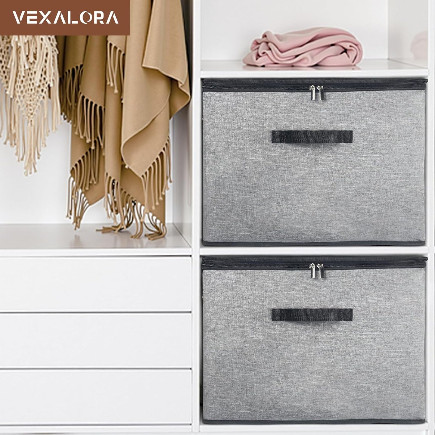 Shoe Organizer Box 2 Pack, Shoe Storage Organizer with Clear Cover, Adjustable Dividers Fits 16-32 Pairs, Fabric Shoe Organizer for Closet, Grey