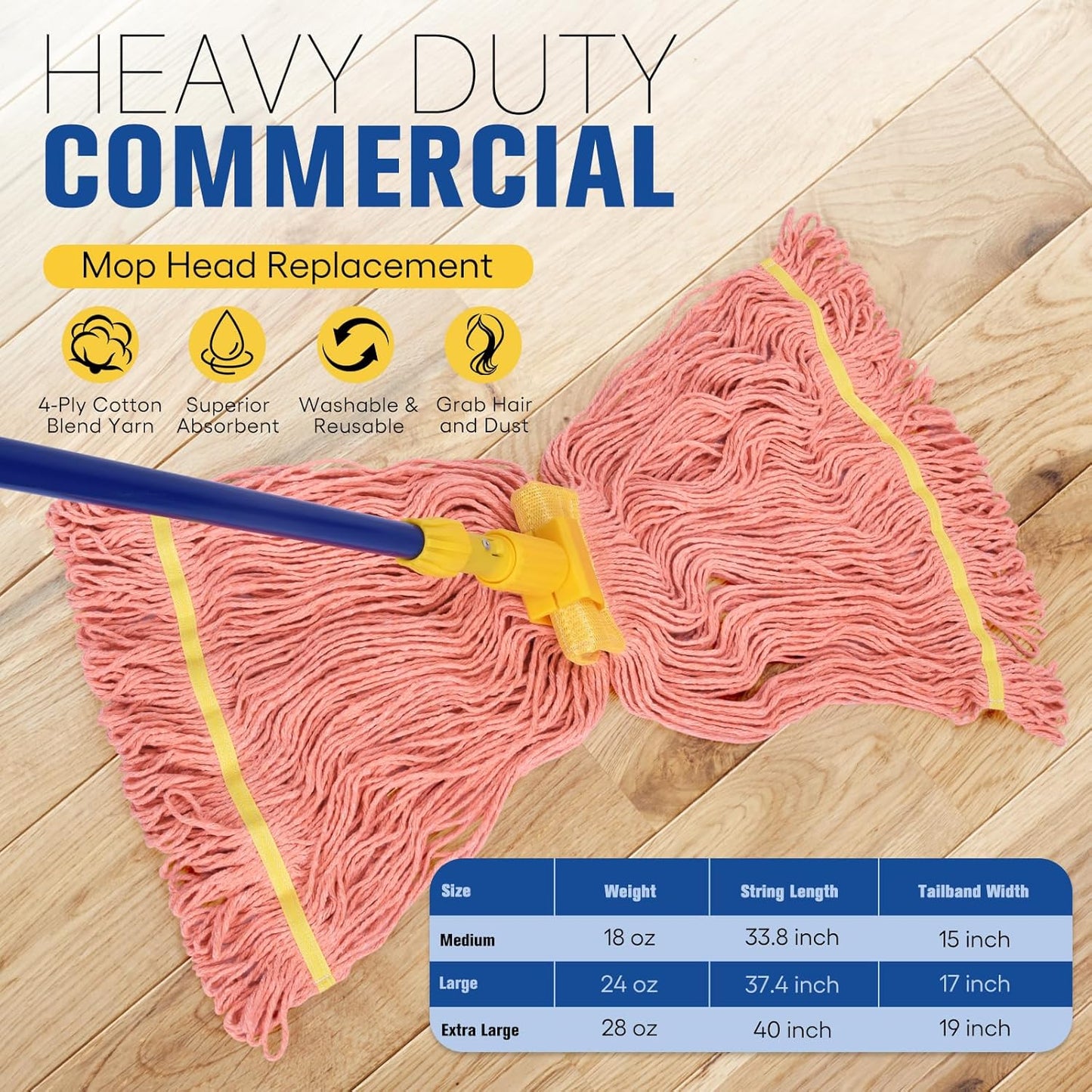 Matthew Cleaning Commercial Mop Head Replacement, 5 Inch Wide Headband, Looped End Cotton Blend String Wet Mops for Floor Cleaning, 18 oz Medium, 1-Pack Orange