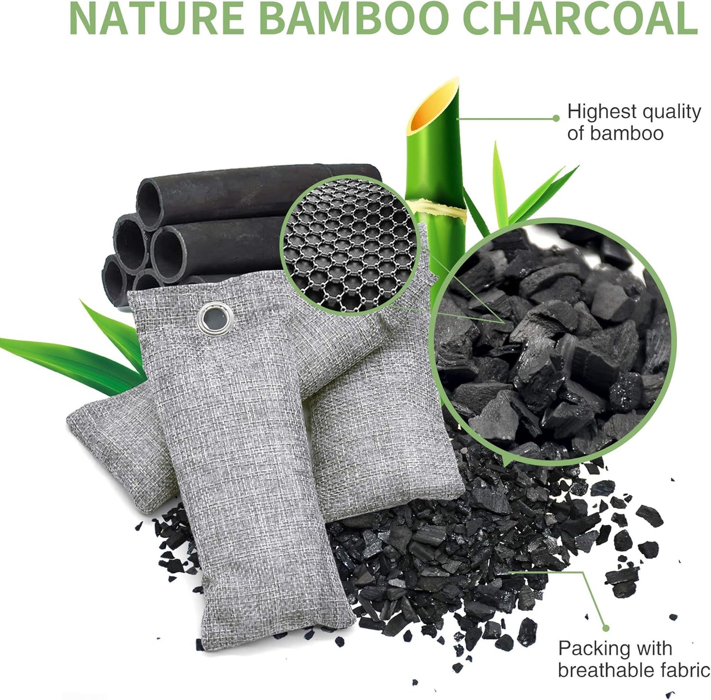 12 Pack Bamboo Air Purifying Bag, Activated Charcoal Bags Odor Absorber, Moisture Absorber, Natural Car Air Freshener, Shoe Deodorizer, Odor Eliminators For Home, Pet, Closet (6x50g, 6x150g)