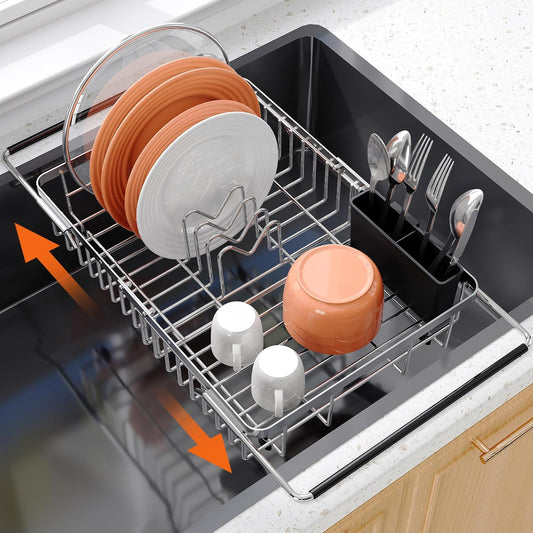 Small Expandable Over The Sink Dish Drainer Drying Rack In Stainless Steel Metal For Kitchen, Counter Space Saving Compact Above Plate Dryer Strainer, Adjustable Hanging Inside Sink Wire Drain Holder