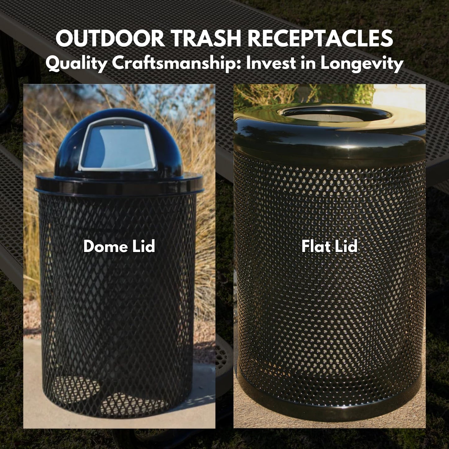 COATEDOUTDOORFURNITURE RDT-P-DGRN Heavy Duty Round Trash Receptacle with Dome Top, Liner Included, 32 Gallon, Dark Green, Made in America