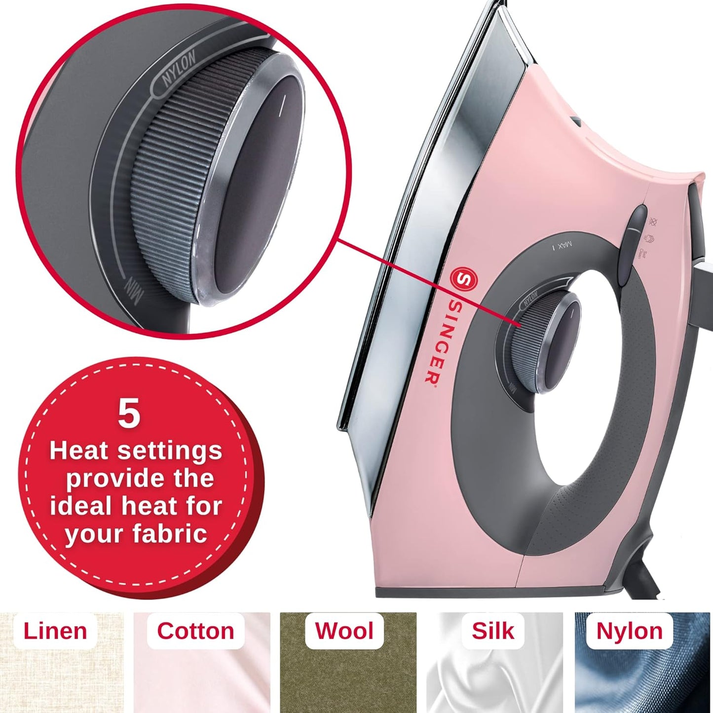 SINGER SteamCraft Steam Iron (1700W) | Steamer with Stainless Steel Plate, OnPoint Precision Tip for Hard-to-Reach Areas, Vertical Steam, Auto Shutoff & 300ml Tank Capacity – Pink