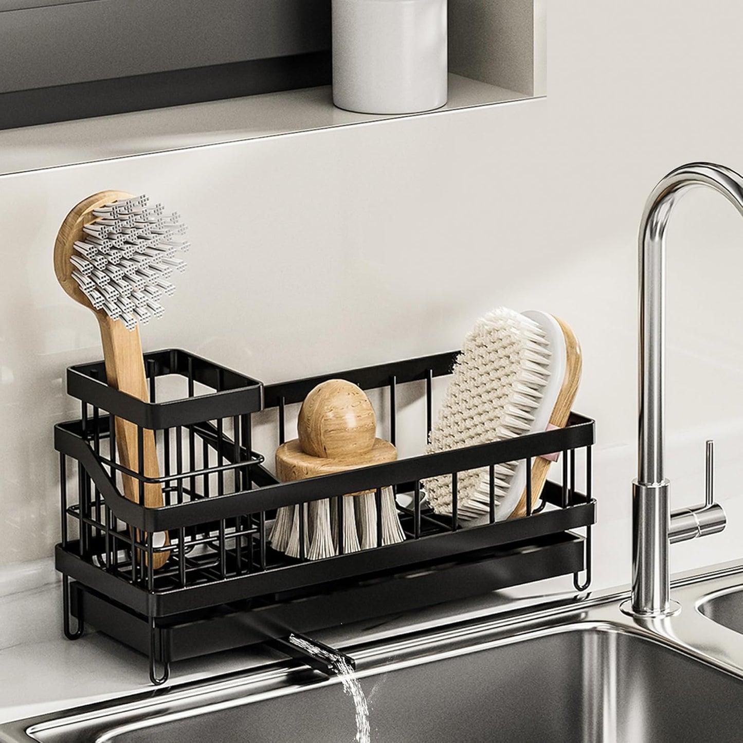 Large Sponge Holder for Sink, Stainless Steel Sink Caddy Organizer with Rotatable Spout - Kitchen Sink Organizer for Sponges, Brushes, Detergent & Sink Stopper - Space Saving Home Essentials