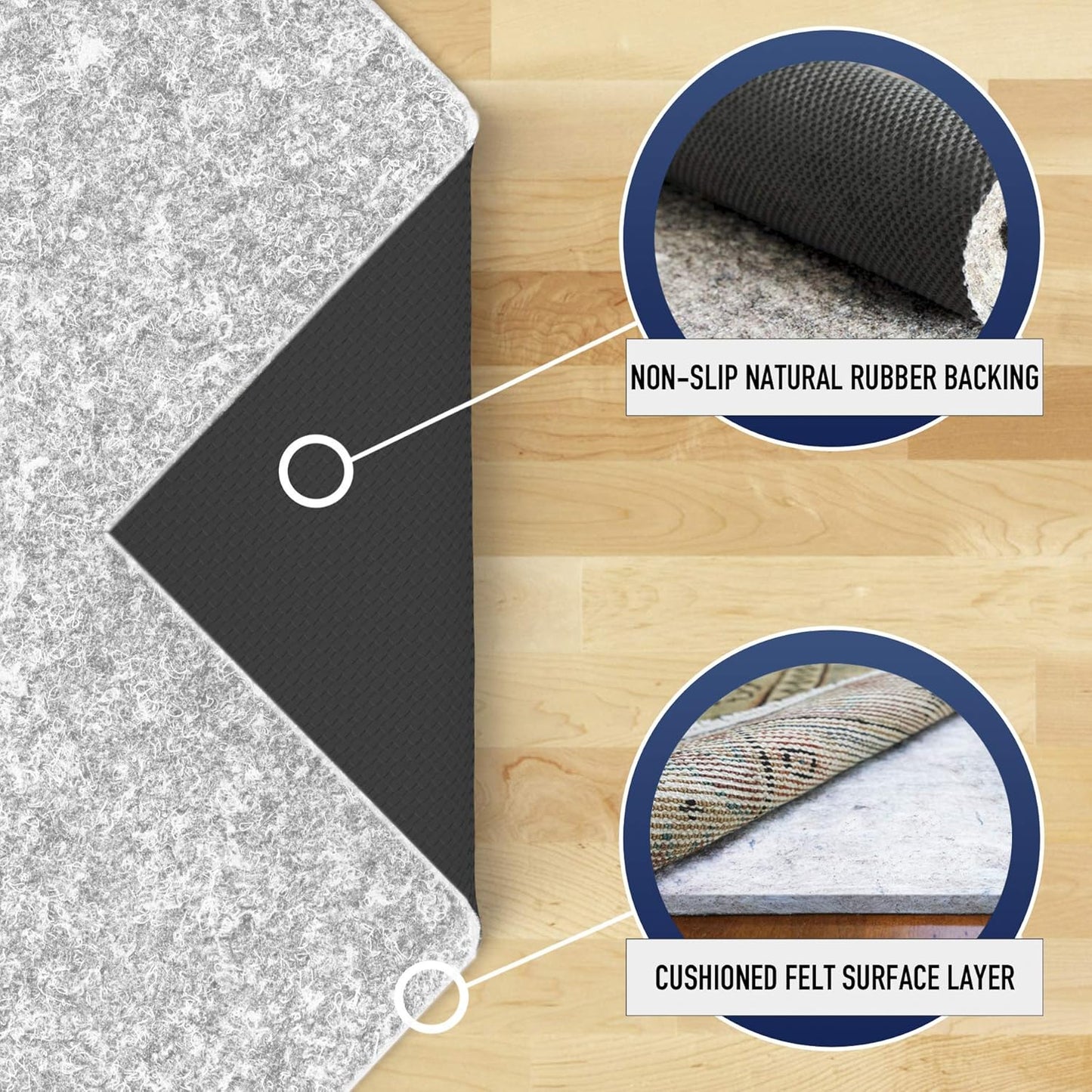 RUGPADUSA - Dual Surface - 5'x7' - 1/4" Thick - Felt + Rubber - Non-Slip Backing Rug Pad - Safe for All Floors