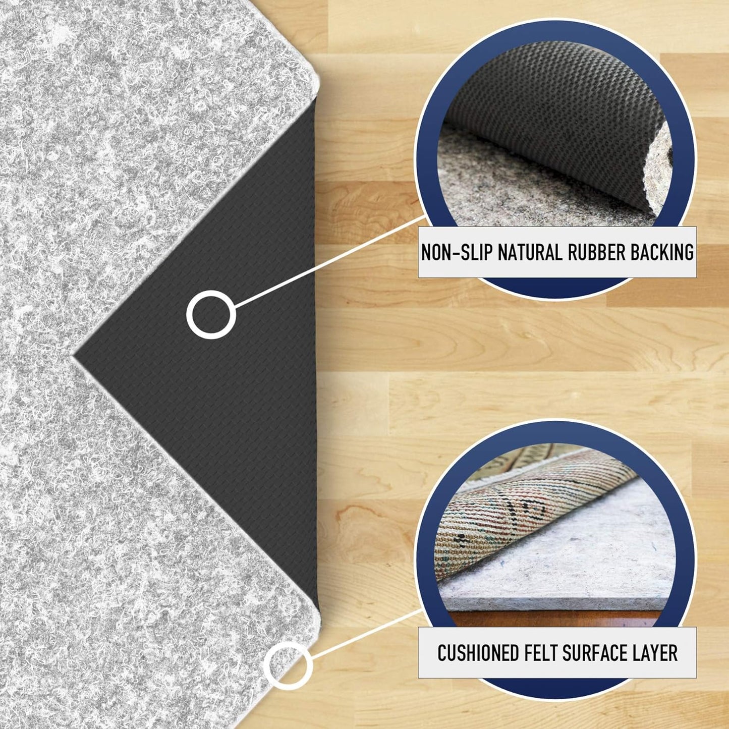 RUGPADUSA - Dual Surface - 6' Square - 1/4" Thick - Felt + Rubber - Non-Slip Backing Rug Pad - Safe for All Floors