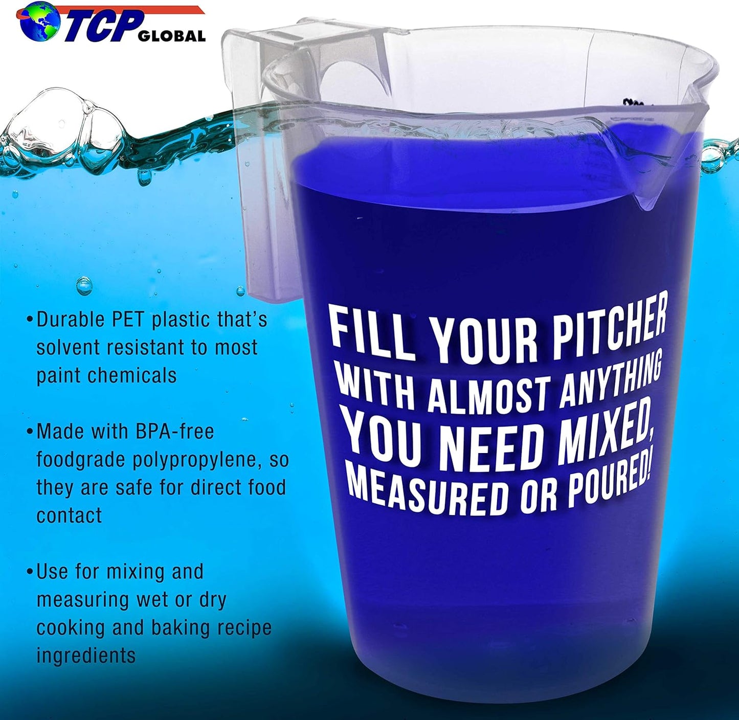 TCP Global 2 Liter (2000ml) Plastic Graduated Measuring and Mixing Pitcher (Pack of 4) - Holds Over 2 Quarts (64oz) - Pouring Cup, Measure & Mix Paint, Resin, Epoxy, Kitchen Cooking Baking Ingredients
