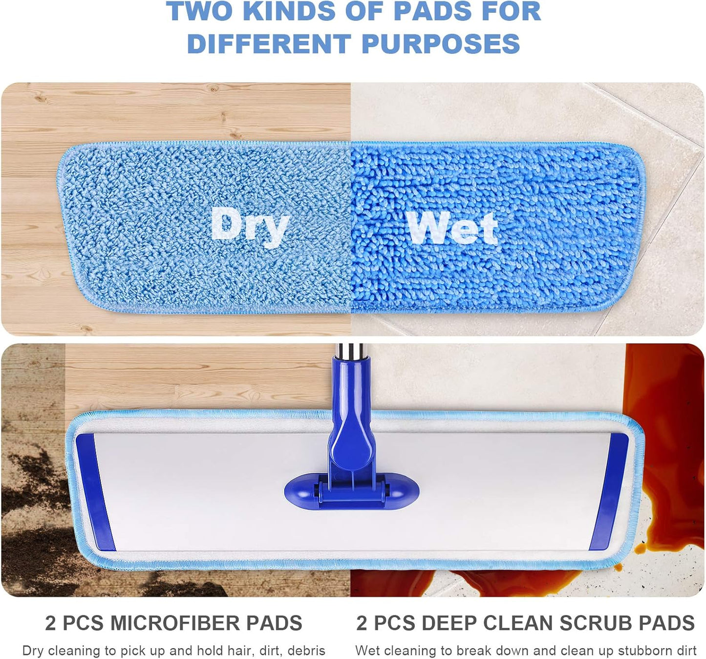 18" Professional Microfiber Mop Floor Cleaning System, Flat Mop with Stainless Steel Handle, 4 Reusable Washable Mop Pads, Wet and Dust Mopping for Hardwood, Vinyl, Laminate, Tile Cleaning
