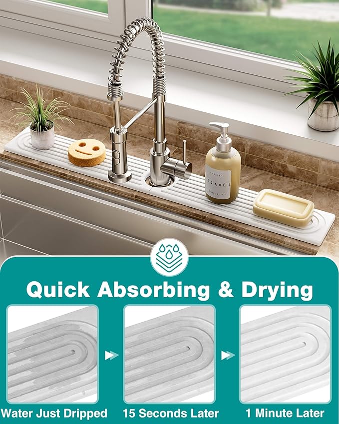 Stone Faucet Mat for Kitchen Sink, Diatomite Sink Protectors - Prevent Moisture Drying Stone Tray Fit Kitchen Counter & Bathroom Counter (White, 30" x 4")
