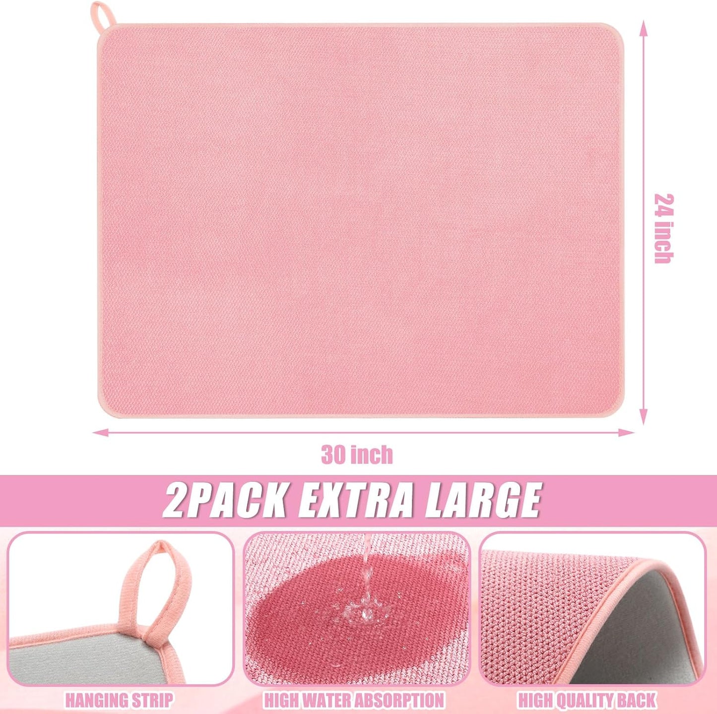 Hushee 2 Pack Extra Large Dish Drying Mat Microfiber Absorbent Dish Drying Pad Large Size Dishes Drainer Mats for Countertop, Sink, Refrigerator or Dryer (30 x 24 Inch,Pink)