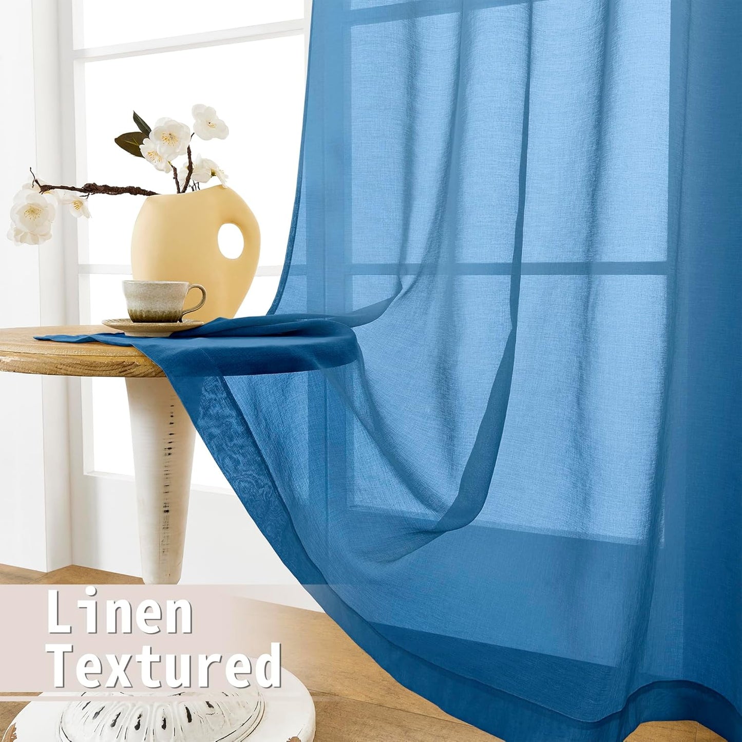 Tollpiz Short Sheer Door Curtains Closet Linen Textured Curtains Sheer Doorway Light Filtering Voile Patio Glass Door Rod Pocket Curtain French Door, 54 x 40 inches Long, Classic Blue, Set of 1 Panel