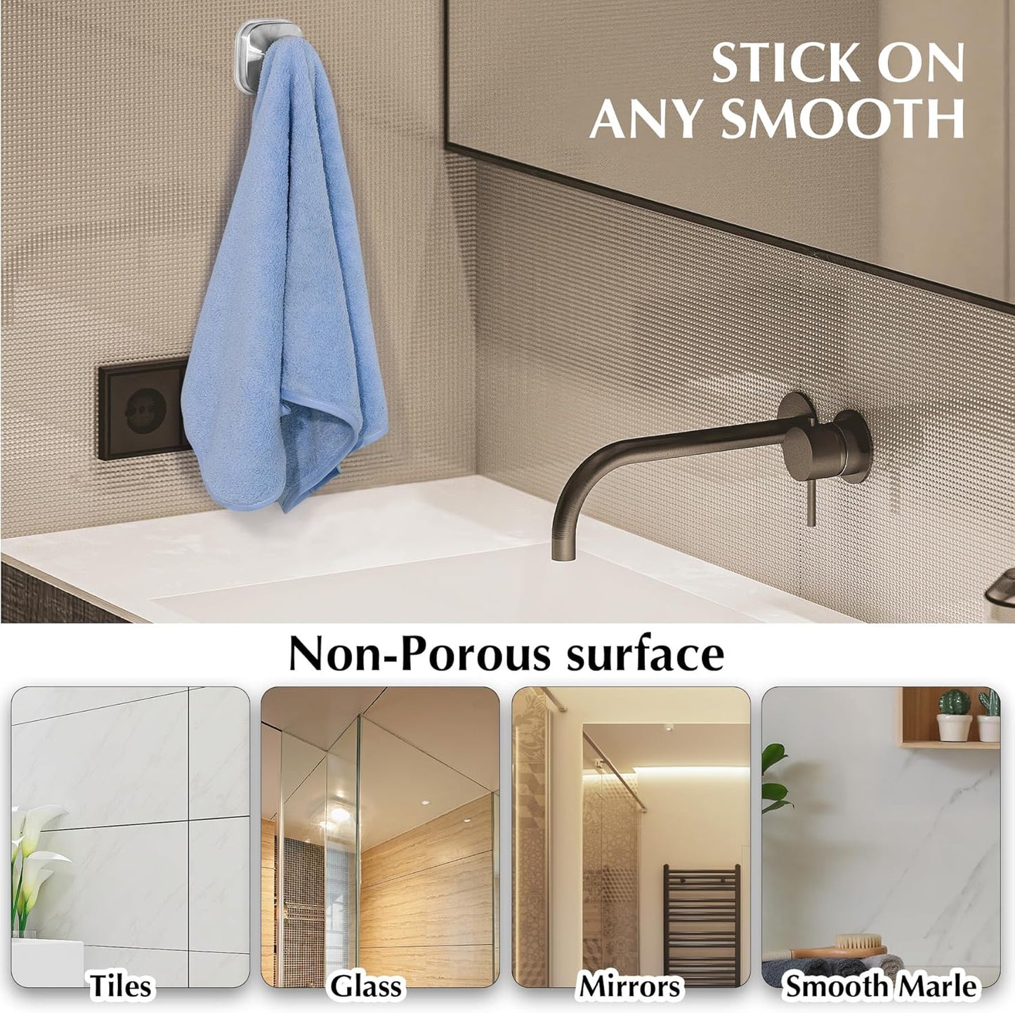 Suction Cup Hooks for Shower - Reusable No-Drill Mounting - Hooks for Towels, Robes & Loofah on Metal, Glass, Mirrors, Tile & Smooth Non-Porous Surfaces (4, Brushed Nickel)