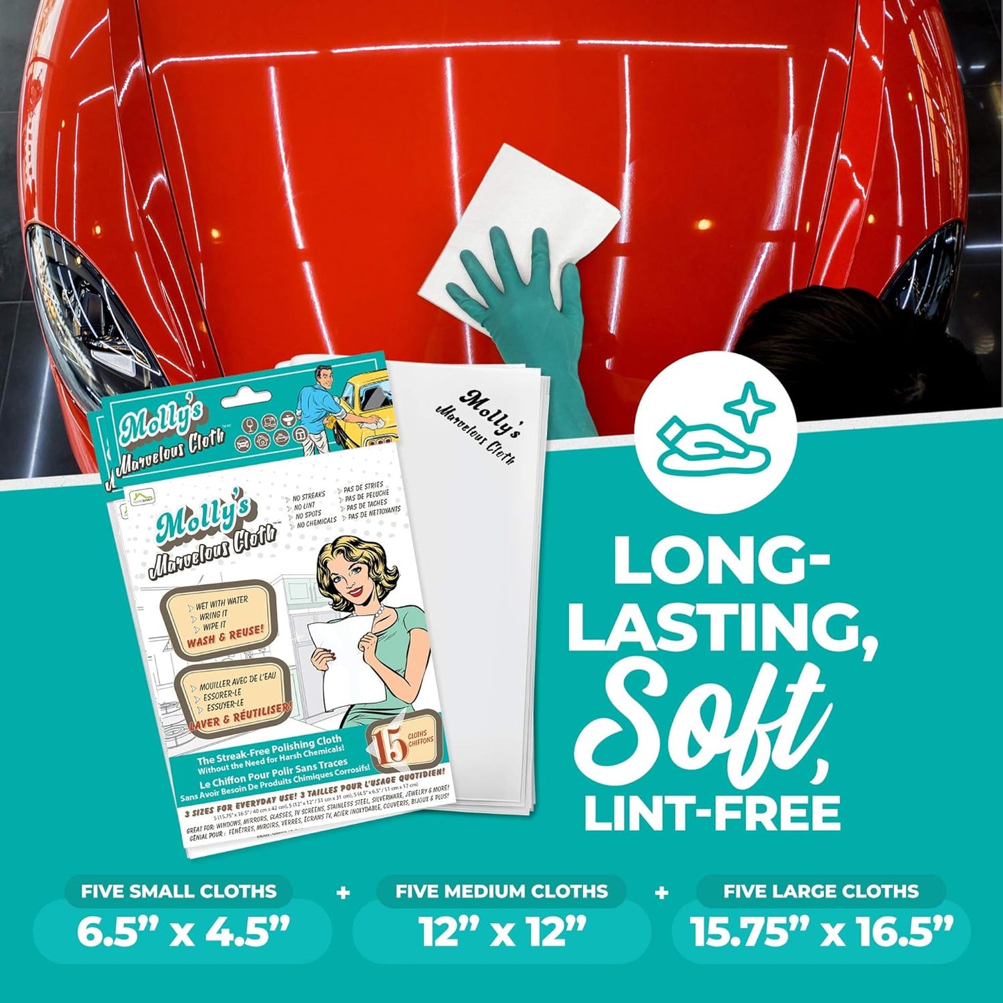 Molly's Marvelous Cloth, Streak-Free, Lint-Free Microfiber Cleaning Cloth, Polishing Cloth for Glass, Stainless Steel, Use for Kitchen, Bath, Cars, Detailing, Reusable (15.75" by 16") (15pk, White)