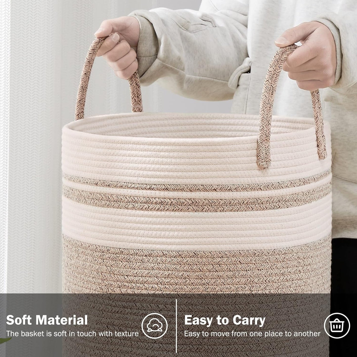 YOUDENOVA Woven Rope Laundry Hamper Basket, 58L Tall Laundry Basket for Blanket Organizer- Clothes Hamper for Bedroom Storage, Baby Kids Nursery Hamper-Large-Brown
