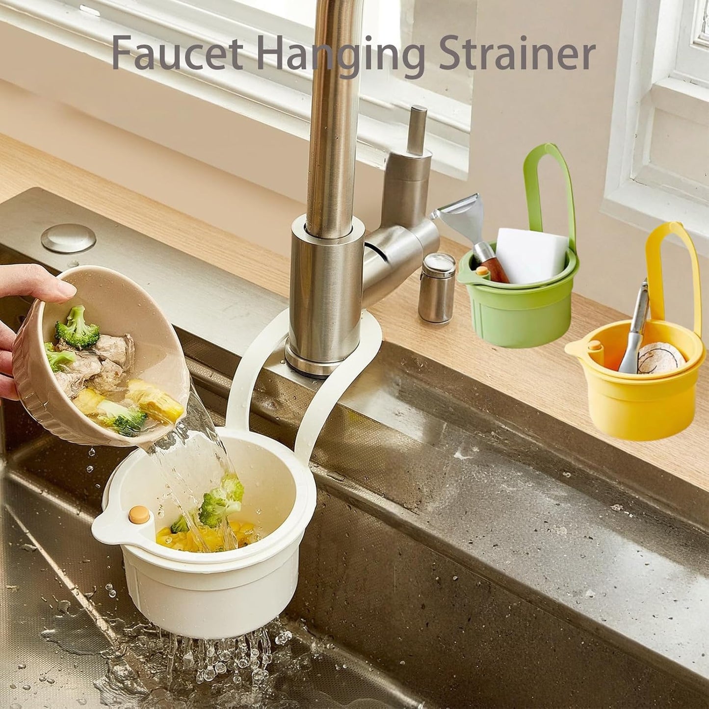 Faucet Hanging Strainer Kitchen Sink Food Waste Catcher Drain Basket, Plastic Kitchen Sink Strainer Automatic Dumping Draining Basket, Food Fruit Vegetable Drain Shelf Sink Storage Holder (White)