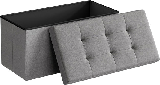 SONGMICS MAZIE Collection - 30 Inches Folding Storage Ottoman Bench, Ottoman Foot Rest, End of Bed Bench, Storage Chest, Load 660 lb, for Living Room, Bedroom, Entryway, Light Gray ULSF47G