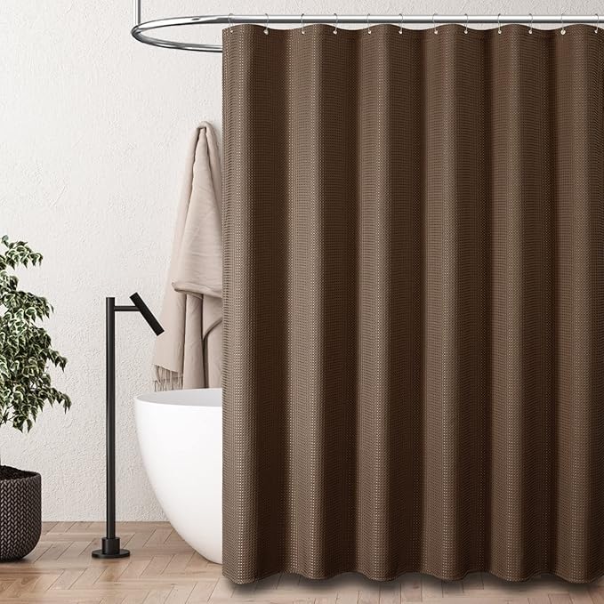 Dynamene Stall Fabric Shower Curtain - 48 inch Wide Waffle Weave Weighted Thick Cloth Shower Curtains for Bathroom, Neutral Heavy Duty Hotel Spa Luxury Bath Curtain Set with 8 Hook, 48x72, Brown