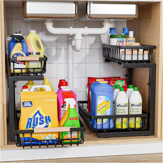 Under Sink Organizer,2 Pack 2 Tier Under Sink Organizers and Storage,Slide Out Pull Out Cabinet Organizer Shelf,Metal Sliding Drawer for Kitchen Bathroom Pantry Cabinet Closet Organization Rack Black