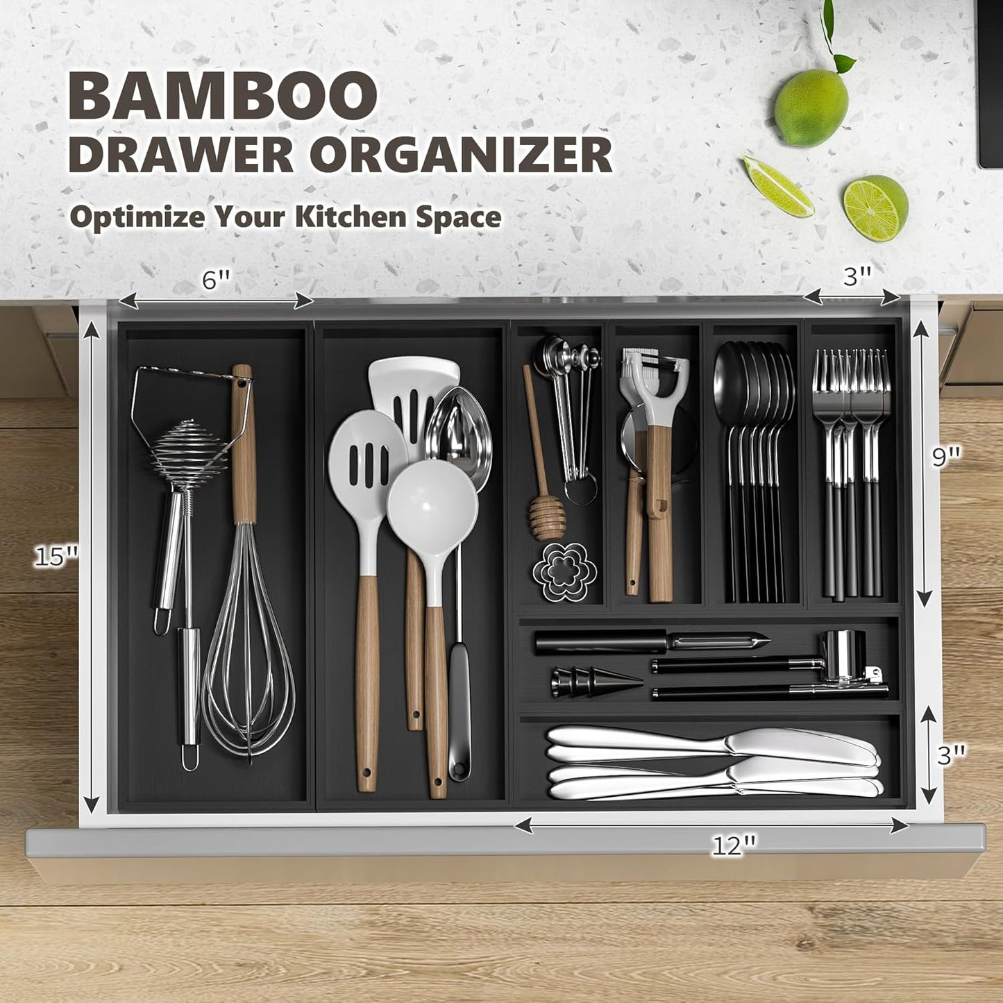 Kitchen Drawer Organizer Bins, Stackable Bamboo Drawer Organizer for Silverware, 2 Pcs Toilet Paper Basket Holder, Wood Bathroom Tray Countertop, Toilet Tank Tray Black 15" x 6" x 2.5"
