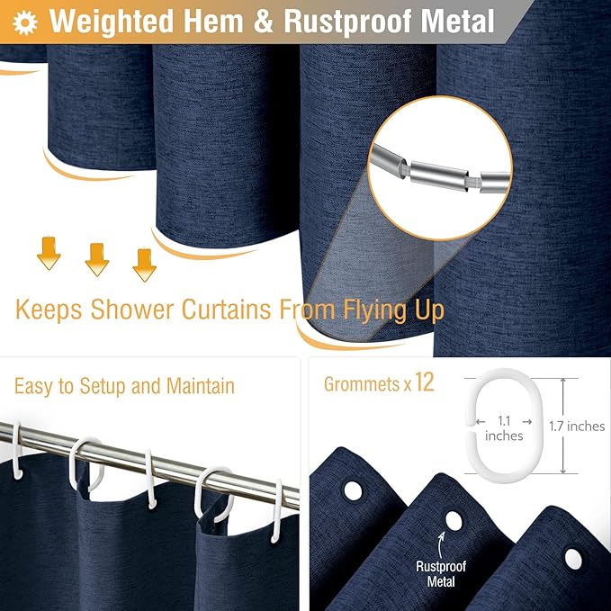 BTTN Extra Long Shower Curtain - 72x84 Inch Long Linen Textured Heavy Duty Fabric Shower Curtain Set with 12 Plastic Hooks, Tall Luxury Simple Waterproof Cloth Shower Curtains for Bathroom, Navy Blue