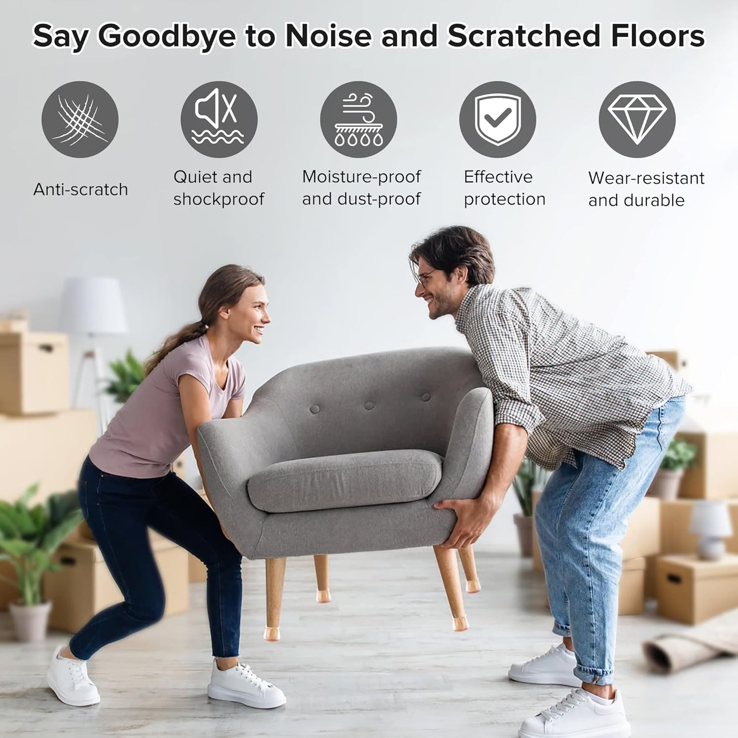 Upgraded Silicone Chair Leg Floor Protectors for Hardwood Floors, Furniture Sliders, Felt Bottom Furniture Pads, Round&Square Cap Covers to Scratch and Reduce Noise, Transparent, 24pcs