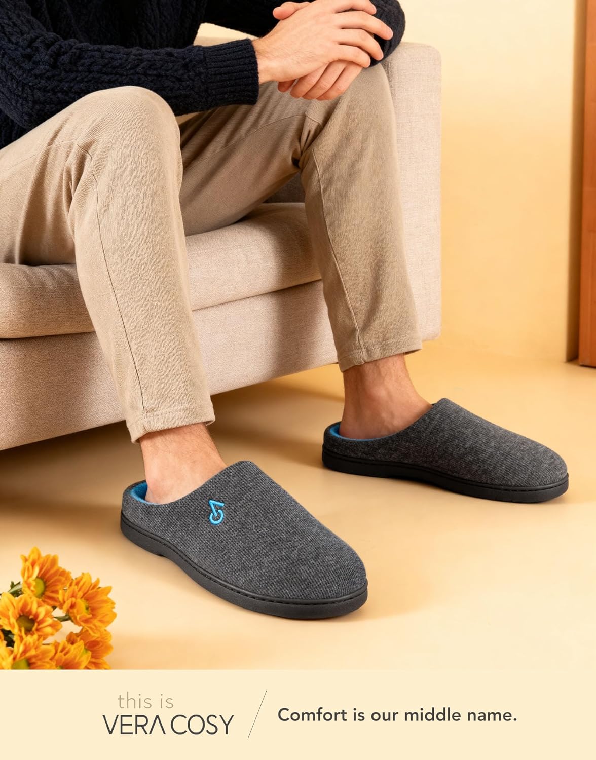 VeraCosy Men's Two-Tone Memory Foam House Slippers Indoor Outdoor Durable Rubber Sole