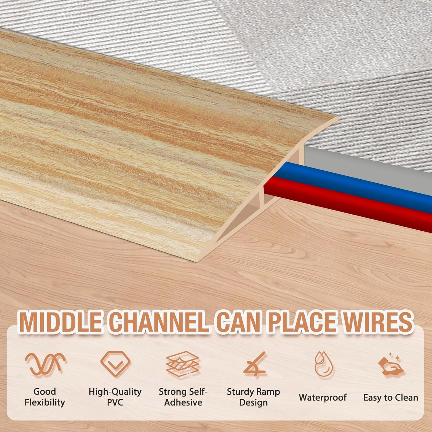 Floor Transition Strip Self Adhesive Vinyl Door Threshold for Doorways Carpet Edging Trim Overlap Edge Reducer for Laminate Floor, Carpet, Tile (Light Yellow Wood Grain, 3/5" to 4/5", 3.3Ft)