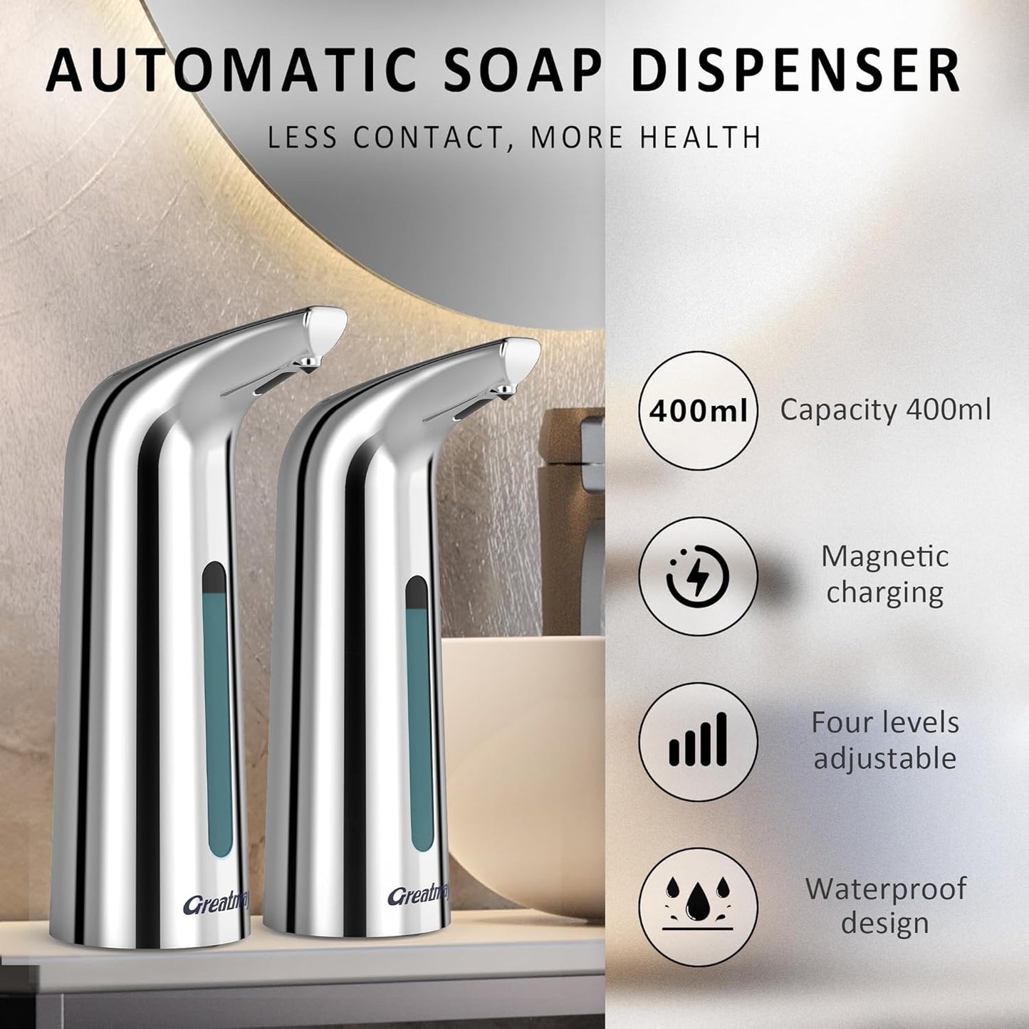 Convenient Automatic Soap Dispenser,4 Adjustable Levels Touchless Hand Sanitizer Pump with Infrared Sensor, 400 ml Countertop Electric Soap Dispenser for Bathroom,Kitchen (Silver+Silver)