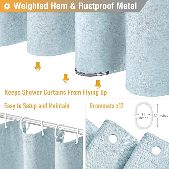 BTTN 78 Inch Long Shower Curtain - Linen Textured Weighted Fabric Shower Curtain Set with 12 Hooks, Tall Hotel Neutral Heavy Duty Waterproof Polyester Shower Curtains for Bathroom - 72x78 - Fog Blue