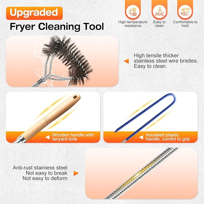 Fryer Cleaning Tools Set of 3, Stainless Steel Deep Fryer Basket Brush, Long Handle L-Shaped Crevice Cleaning Brush and Cleanout Rod Kit for Kitchen Restaurant, Electric Fryer Degreasing Scrubber Tool