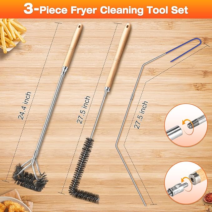 Fryer Cleaning Tools Set of 3, Stainless Steel Deep Fryer Basket Brush, Long Handle L-Shaped Crevice Cleaning Brush and Cleanout Rod Kit for Kitchen Restaurant, Electric Fryer Degreasing Scrubber Tool