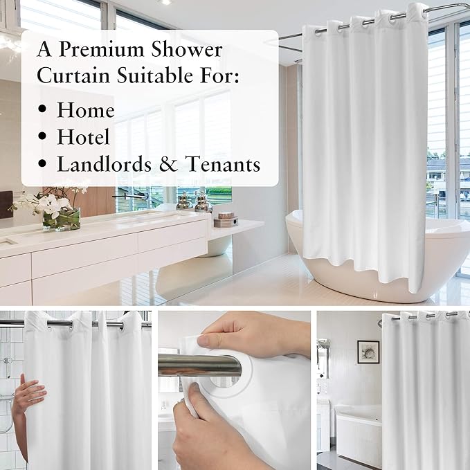 River Dream Extra Long No Hook Shower Curtain TPU Lining & No Required Liner, 71" x 86"(84") Hotel Fabric Shower Curtain for Bathroom, Bottom Magnets & Waterproof, White, 71x86