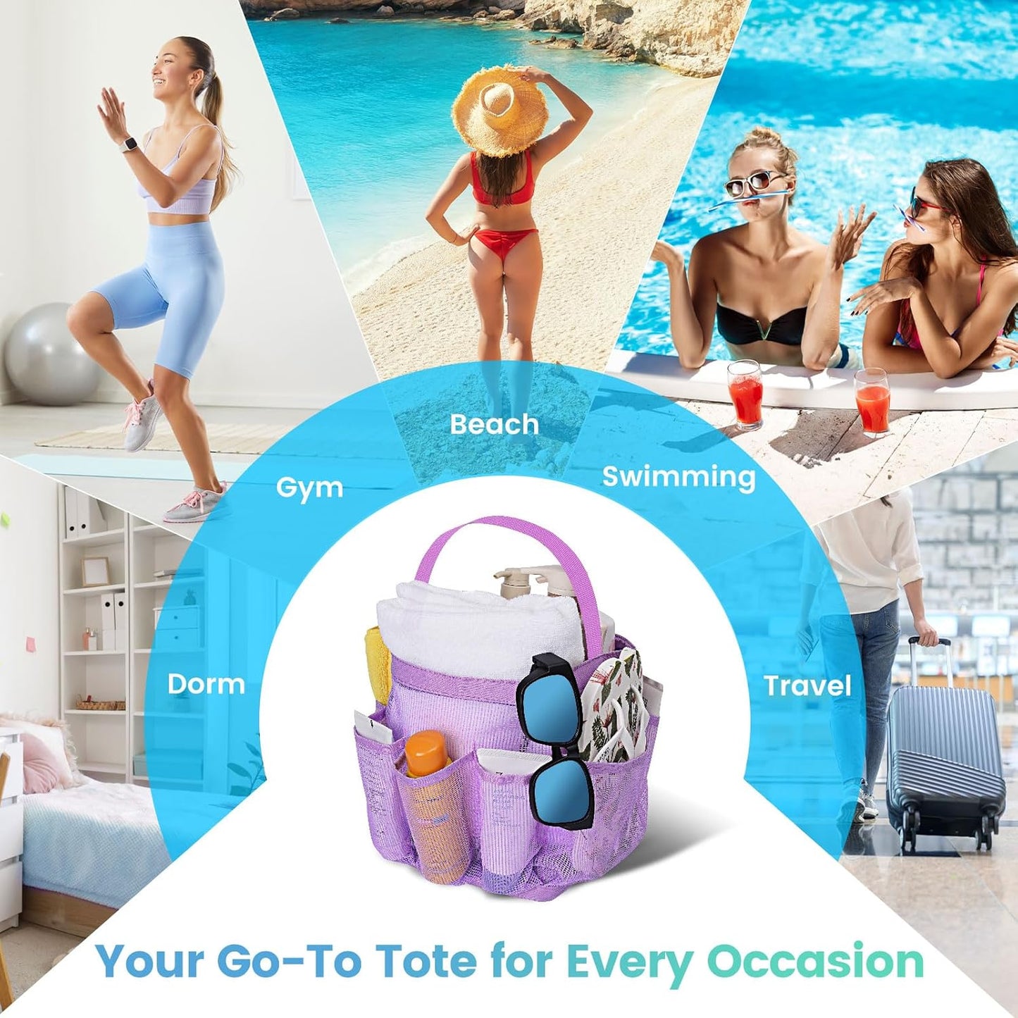 Mesh Shower Caddy for College Dorm Room Essentials for Girls with 9 Pockets,Large-Capacity Shower Basket,Quick Dry Toiletry Tote Bag,Outdoor Gym,Travel,Swim,Beach Camping Essentials-Black and Purple