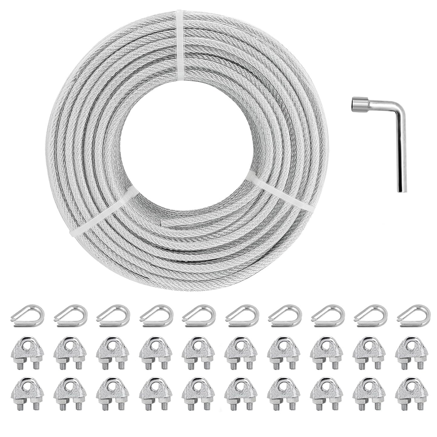 1/8" Wire Rope Kit, 100 Ft PVC Coated Steel Cable Guide Wire Tensioner Strainer Kit w/ 7×7 Strand Core Steel Wire for String Light Hanging Kit/Decking & Stair Railings/Shade Sails/Clothes Line